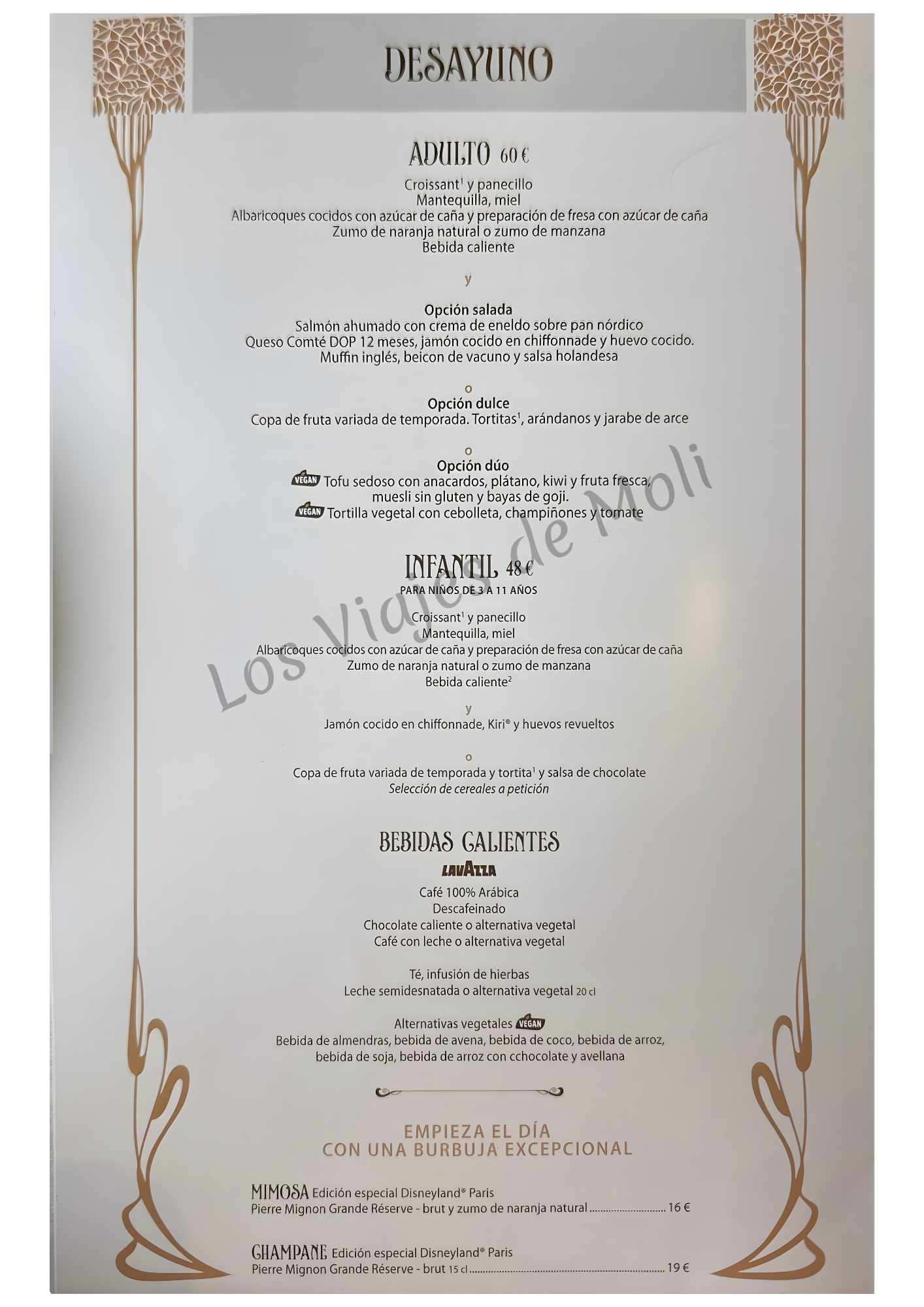 Carta menú desayuno con princesas The Regal View Disneyland París en español