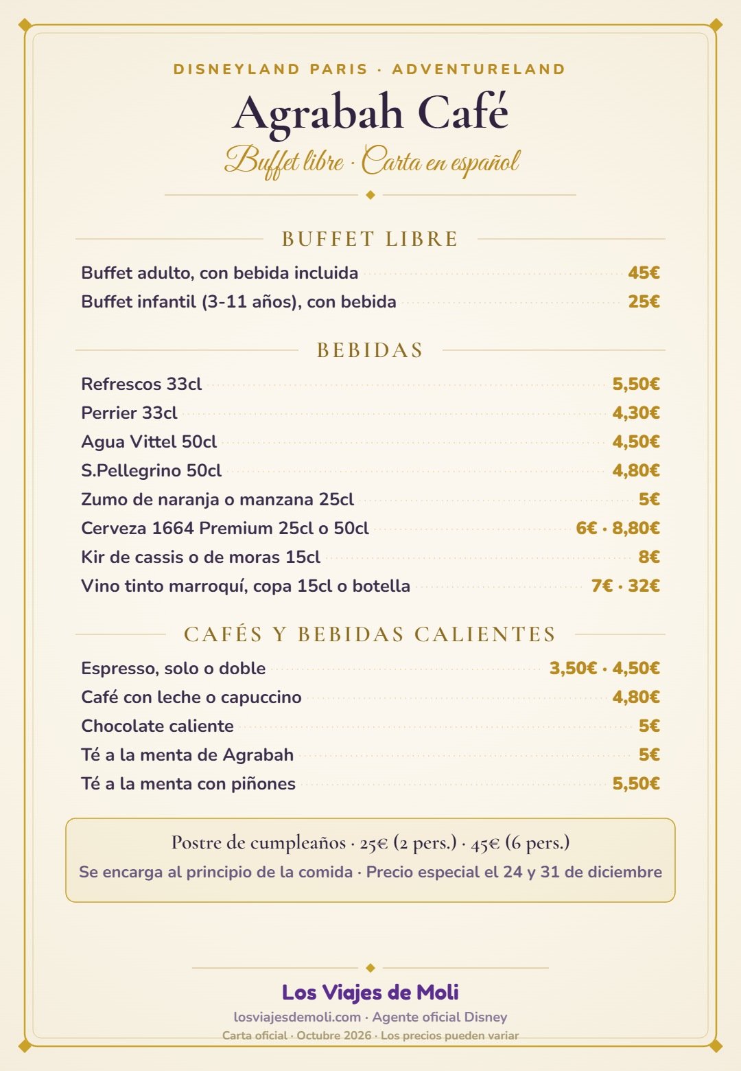 Carta y precios del buffet Agrabah Café de Disneyland Paris en español 2026