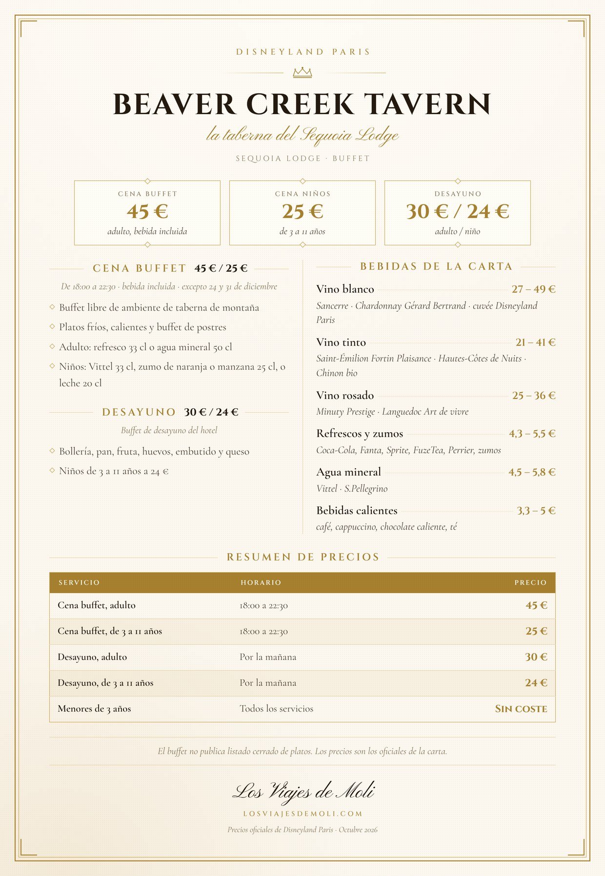 Precios del buffet Beaver Creek Tavern Sequoia Lodge Disneyland Paris 2026