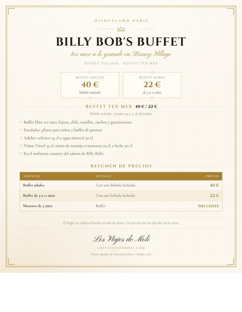 Precios del buffet tex mex Billy Bob's Disney Village Disneyland Paris 2026