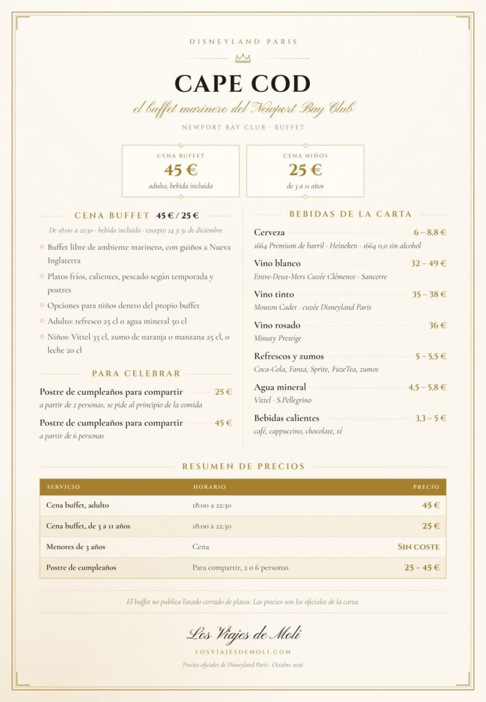 Precios del buffet Cape Cod Newport Bay Club Disneyland Paris 2026