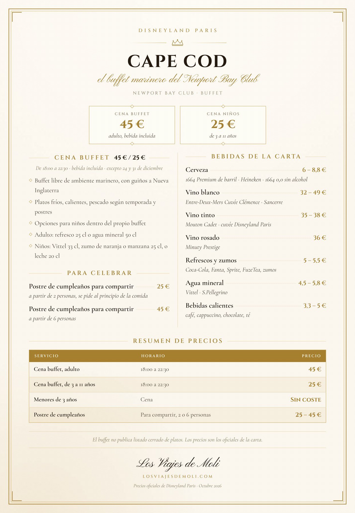 Precios del buffet Cape Cod Newport Bay Club Disneyland Paris 2026