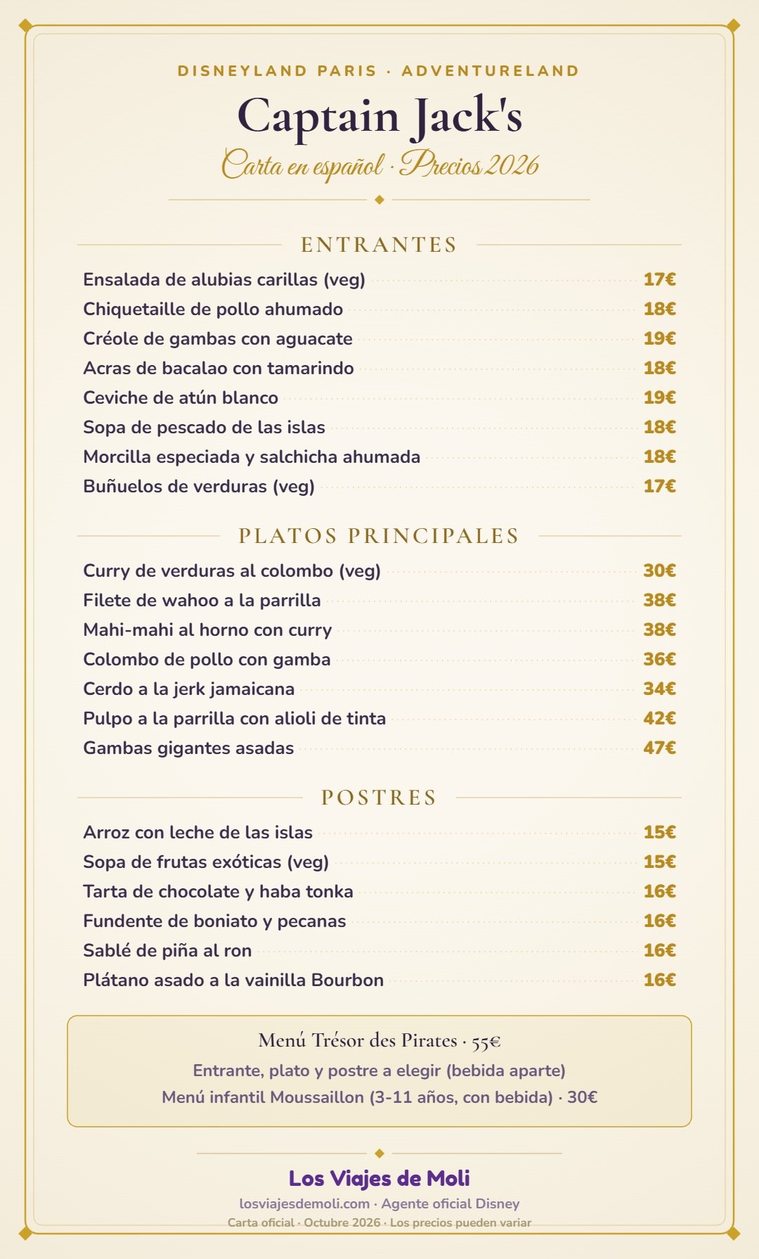 Carta del Captain Jack’s de Disneyland Paris traducida al español con precios 2026