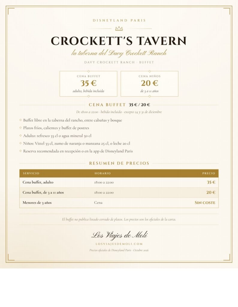 Precios del buffet Crockett's Tavern Davy Crockett Ranch Disneyland Paris 2026