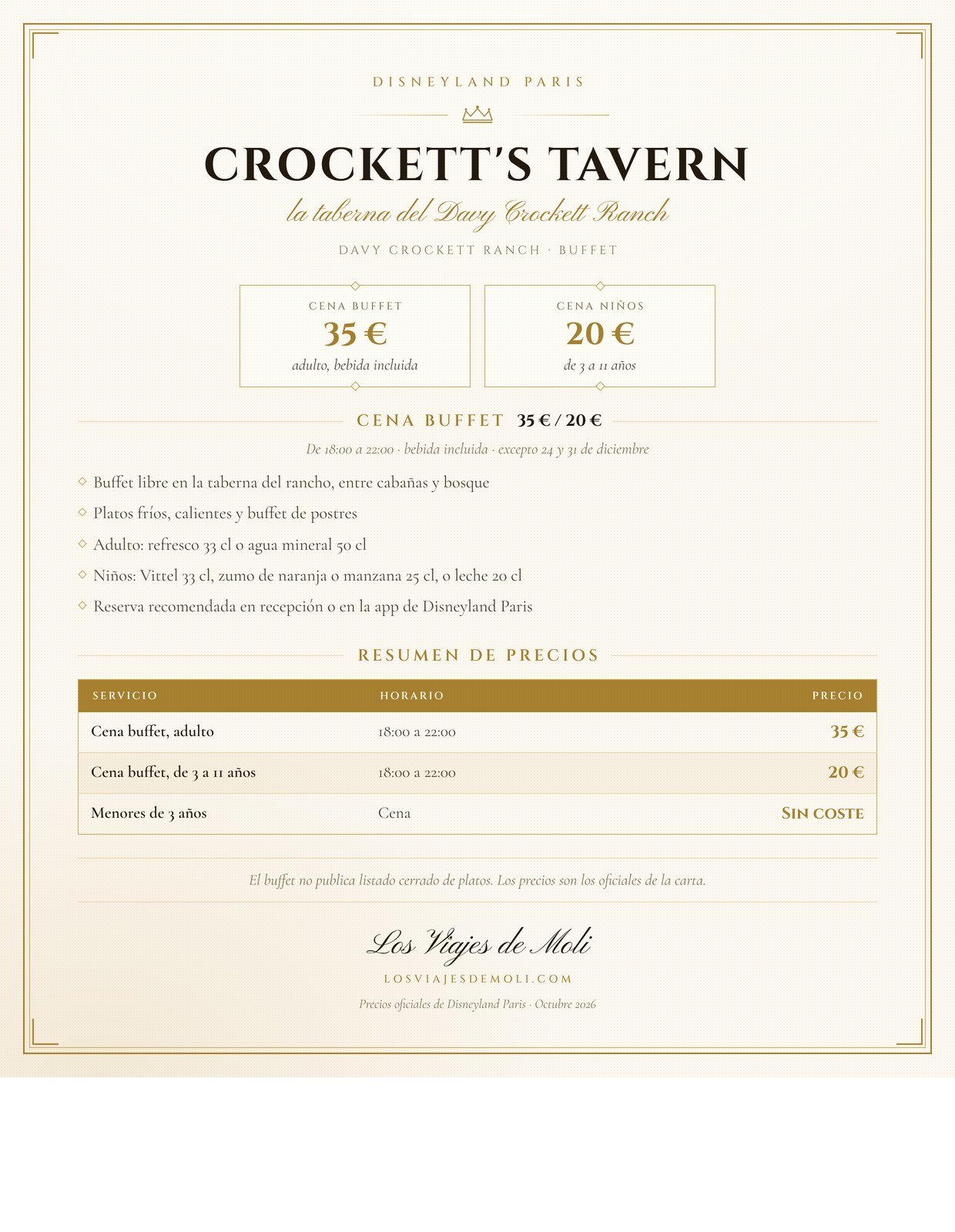 Precios del buffet Crockett's Tavern Davy Crockett Ranch Disneyland Paris 2026