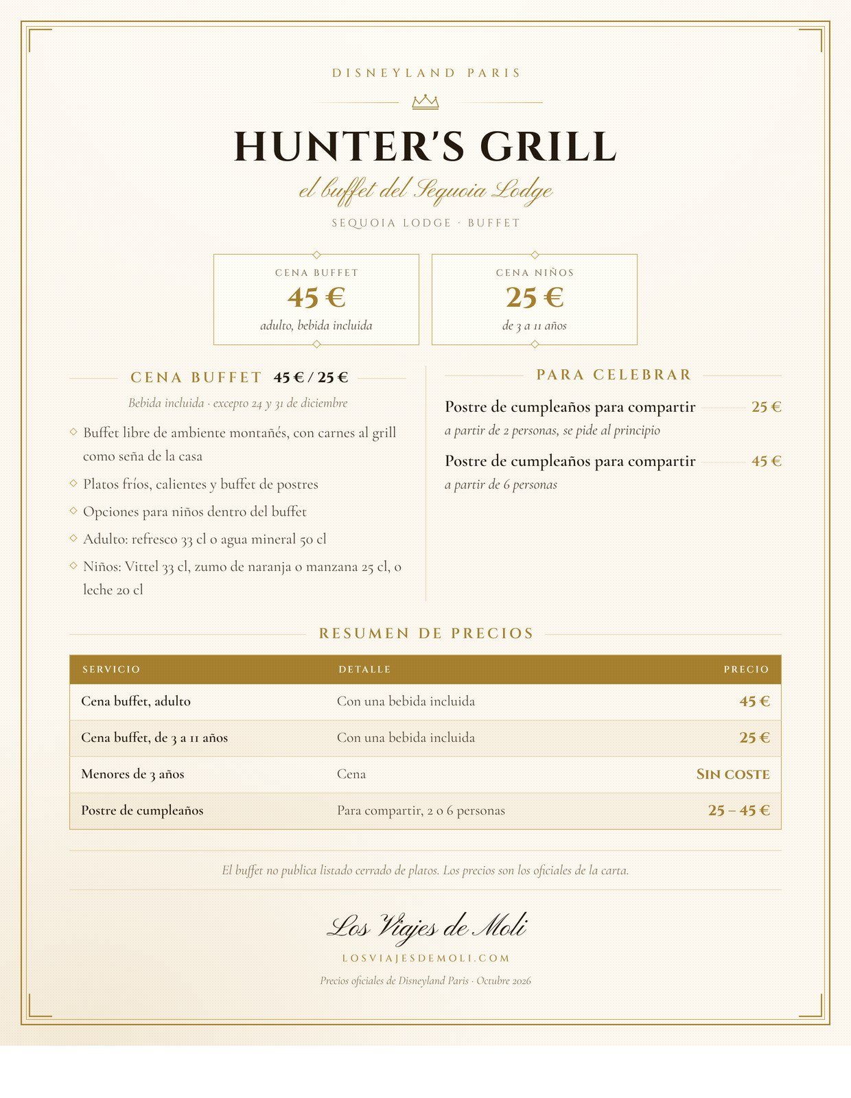 Precios del buffet Hunter's Grill Sequoia Lodge Disneyland Paris 2026