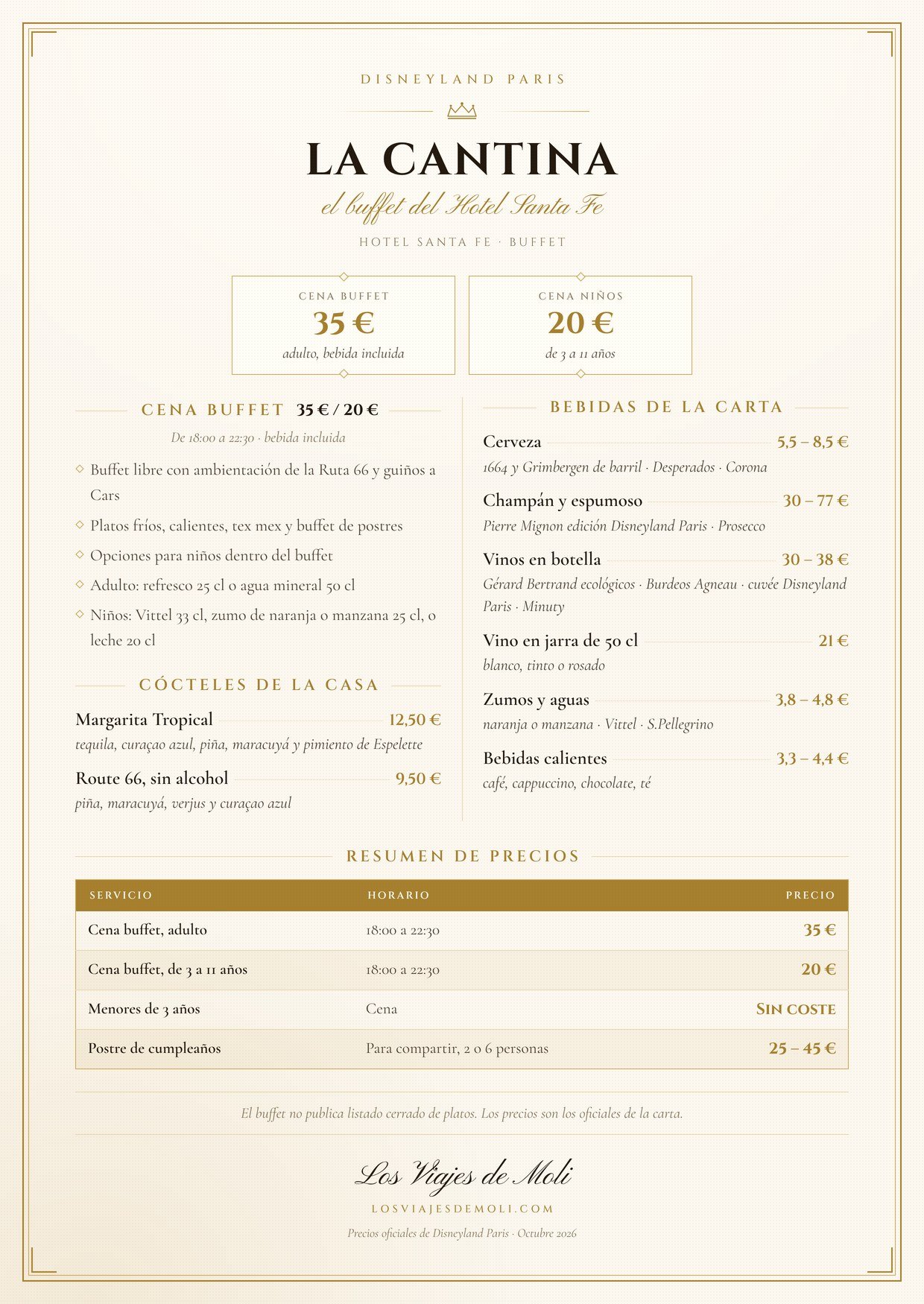 Precios del buffet La Cantina Hotel Santa Fe Disneyland Paris 2026