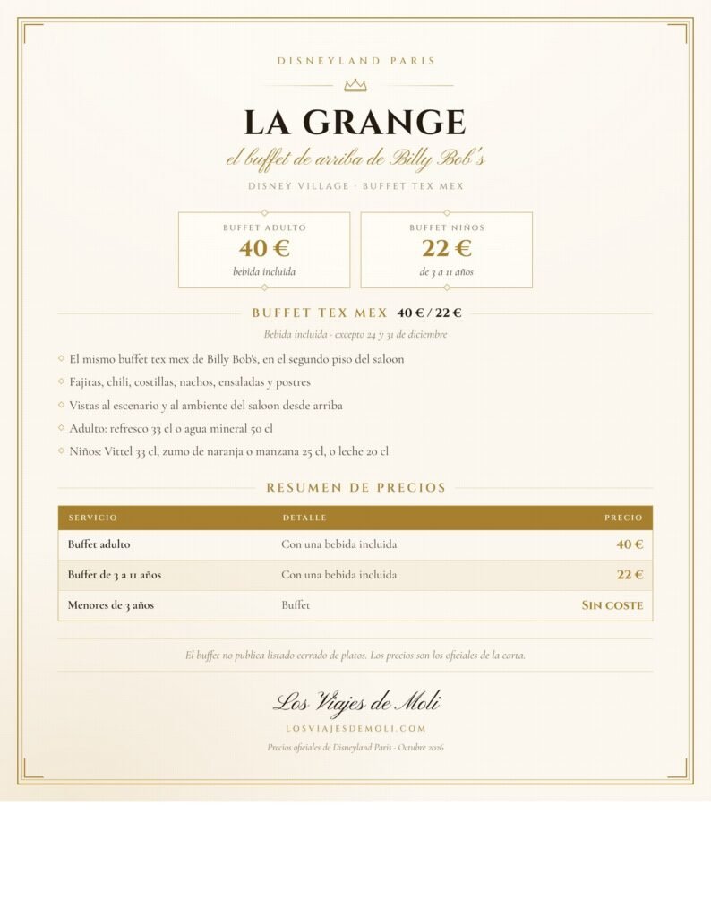 Precios del buffet La Grange at Billy Bob's Disney Village 2026