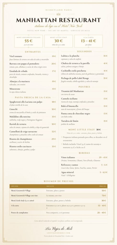 Carta del Manhattan Restaurant Hotel New York Disneyland Paris en español 2026