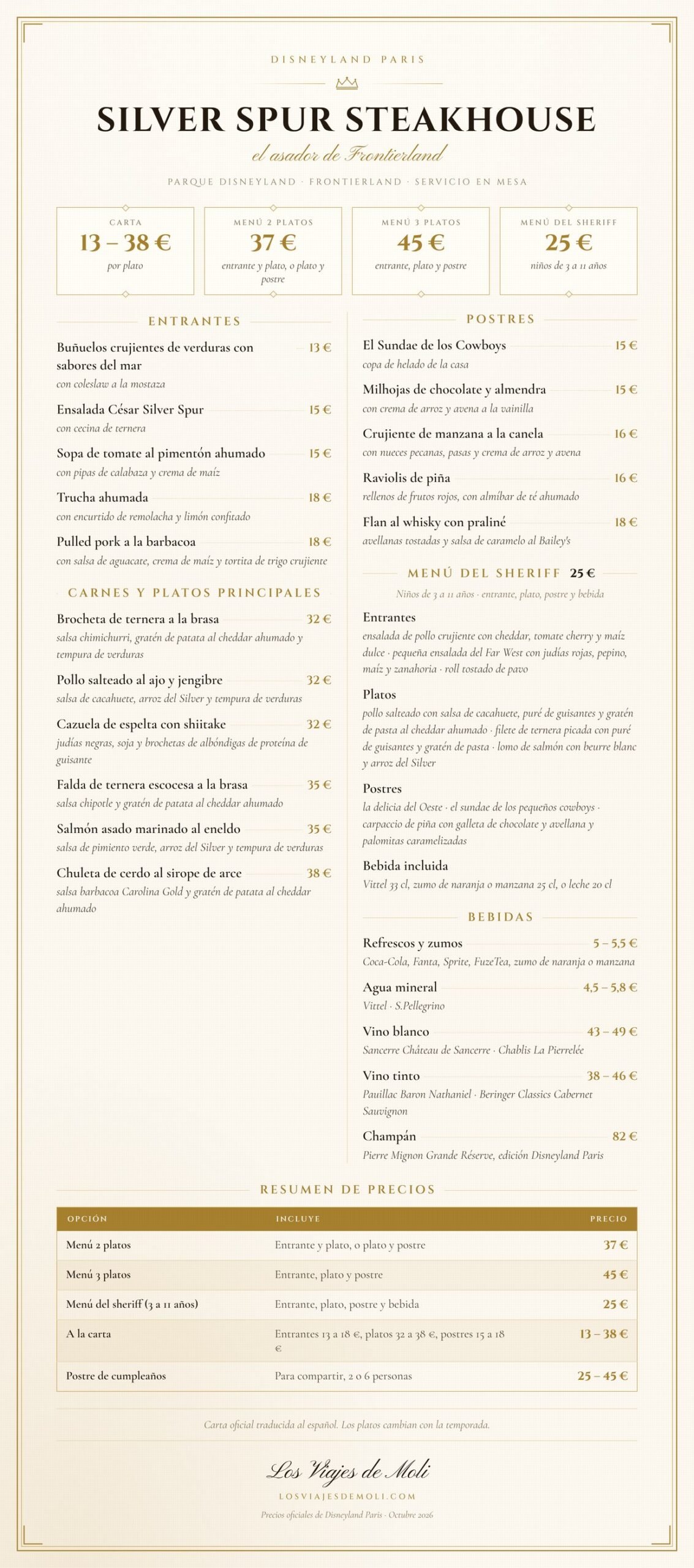 Carta de Silver Spur Steakhouse Disneyland Paris en español con precios 2026
