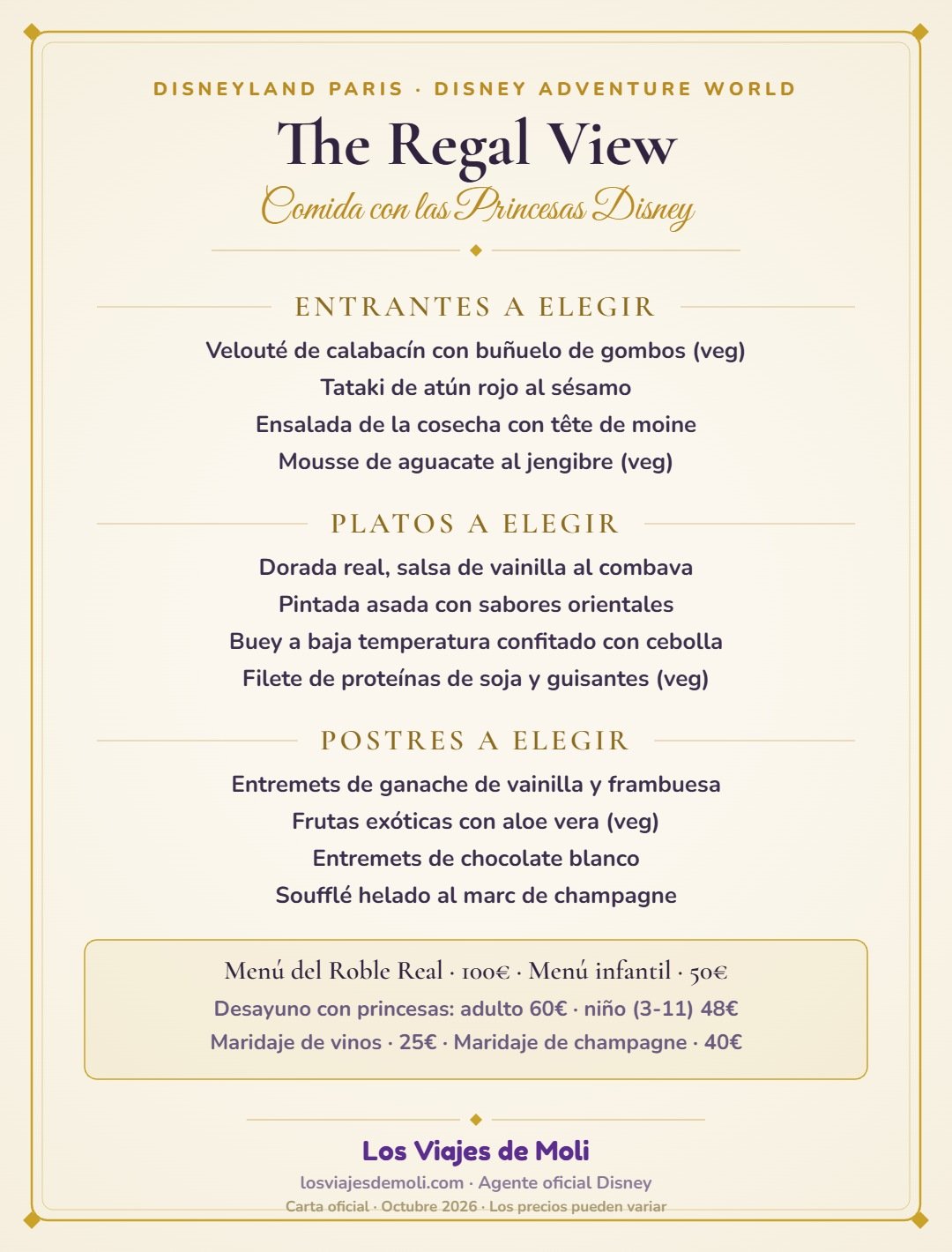 Carta de The Regal View en español con precios 2026