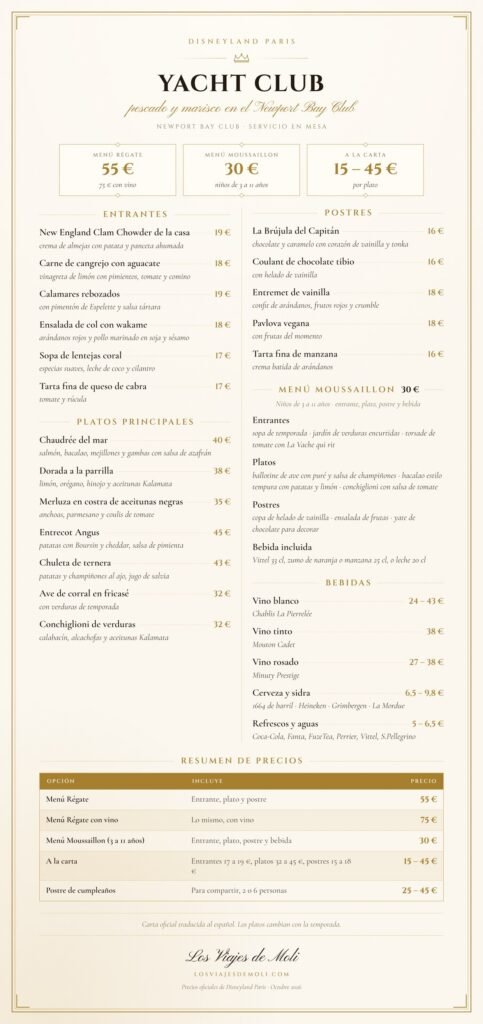 Carta del Yacht Club Newport Bay Club Disneyland Paris en español 2026